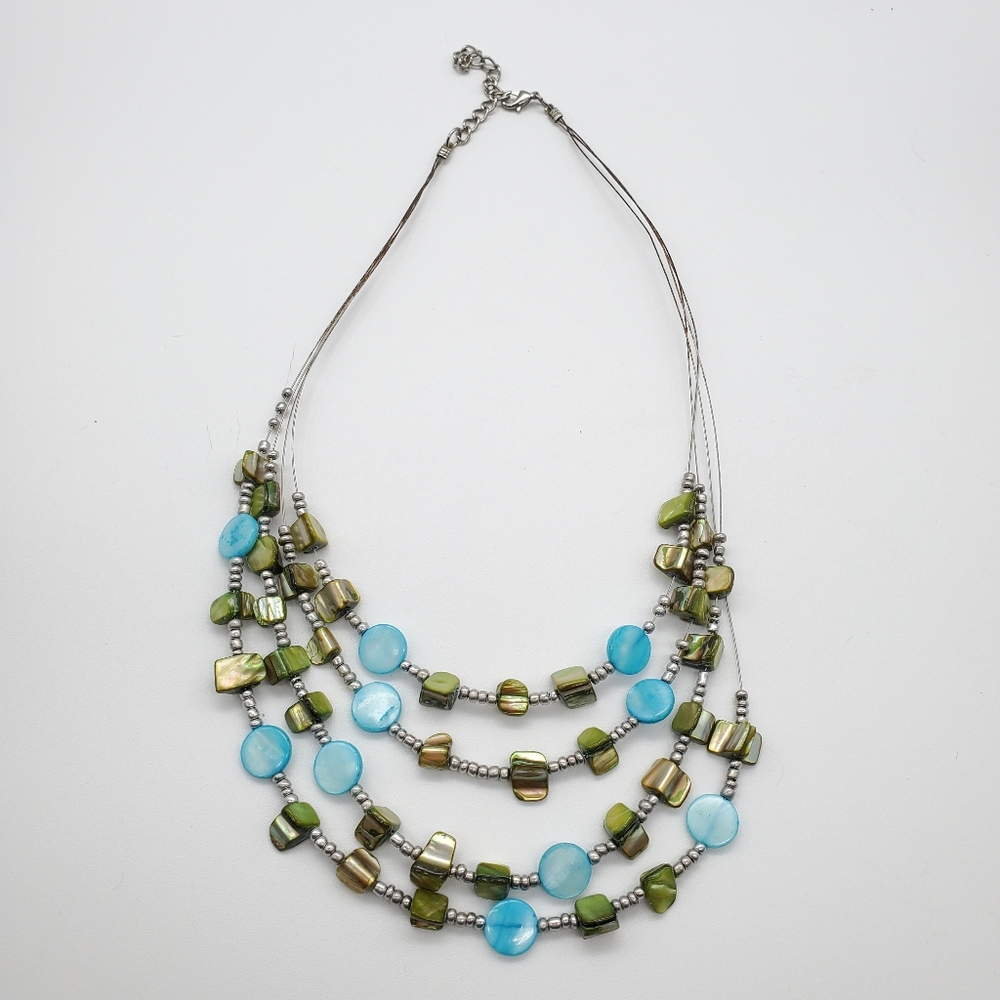 Illusion Stacked Stone Green and Blue Necklace